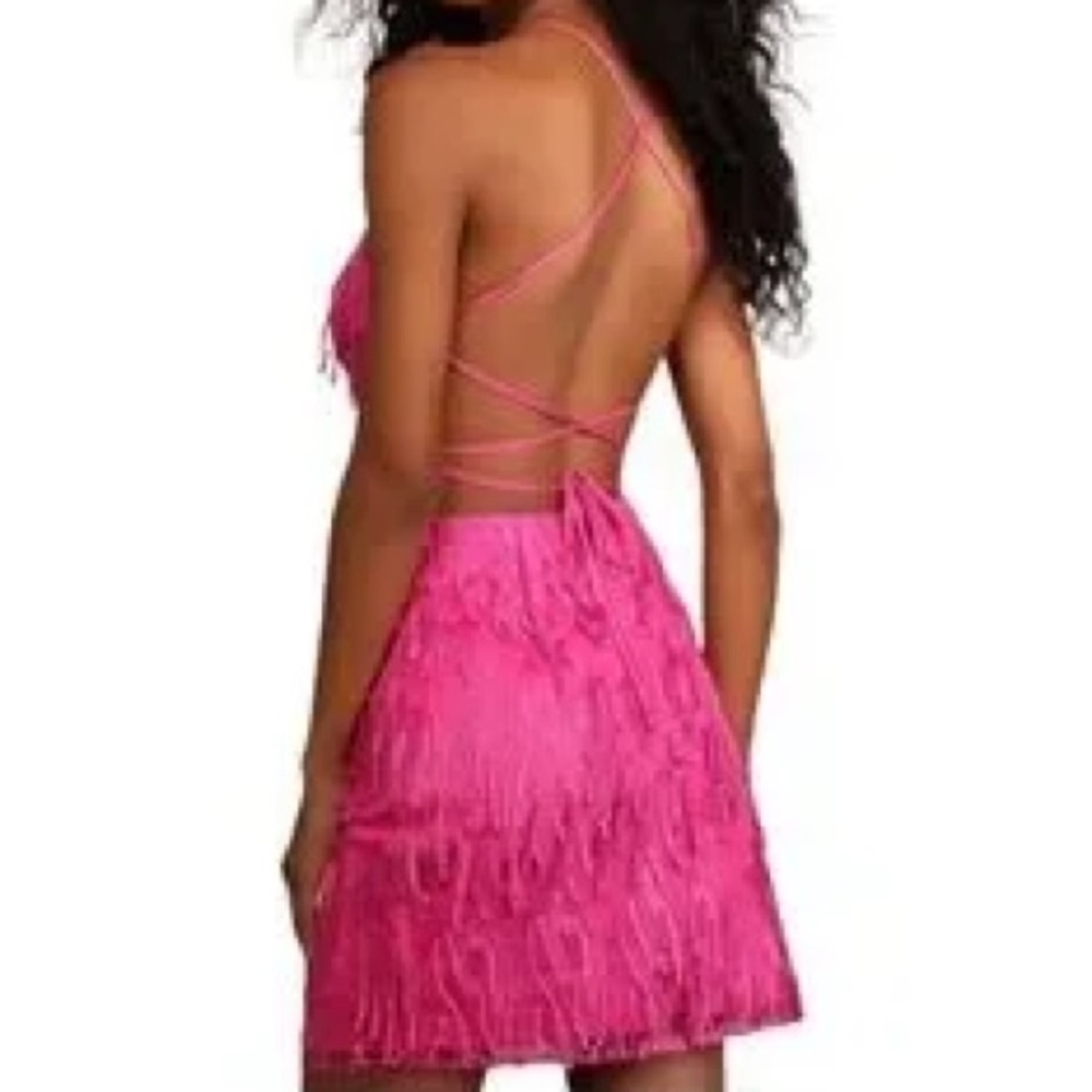 Lulus Women XL Making Magic Bright Pink Fringe Lace-Up Mini Dress NWT - Picture 2 of 14